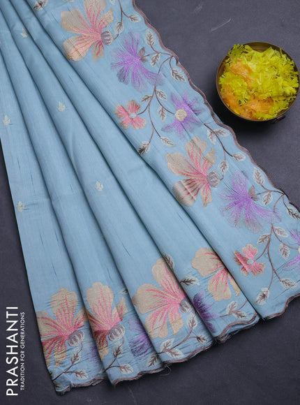 Semi raw silk saree pastel blue with embroidery buttas and floral embroidery border
