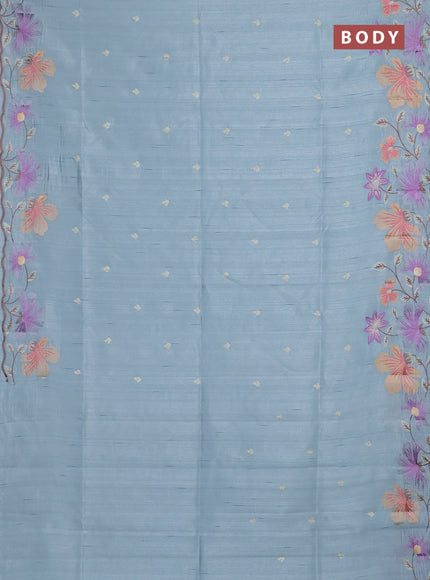 Semi raw silk saree pastel blue with embroidery buttas and floral embroidery border