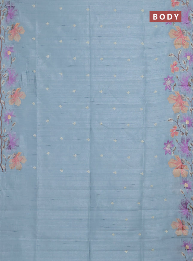 Semi raw silk saree pastel blue with embroidery buttas and floral embroidery border