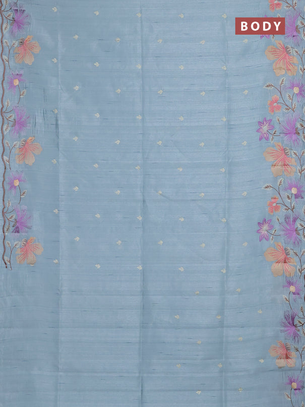 Semi raw silk saree pastel blue with embroidery buttas and floral embroidery border