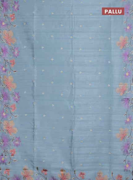 Semi raw silk saree pastel blue with embroidery buttas and floral embroidery border