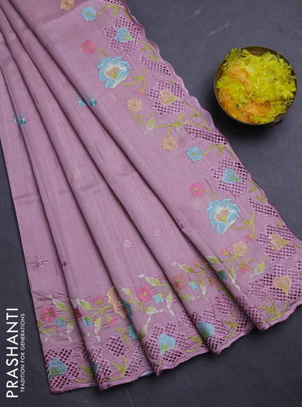 Semi raw silk saree pastel pink with embroidery buttas and floral embroidery border