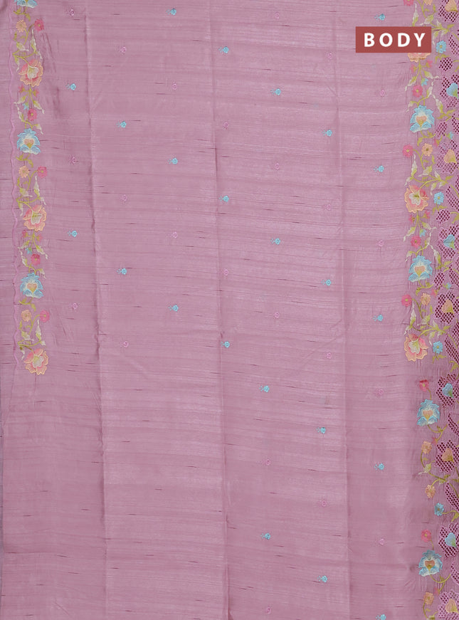 Semi raw silk saree pastel pink with embroidery buttas and floral embroidery border