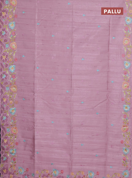Semi raw silk saree pastel pink with embroidery buttas and floral embroidery border