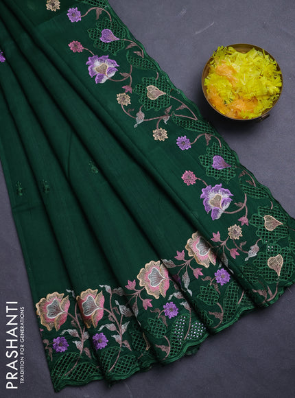 Semi raw silk saree bottle green with embroidery buttas and floral embroidery border