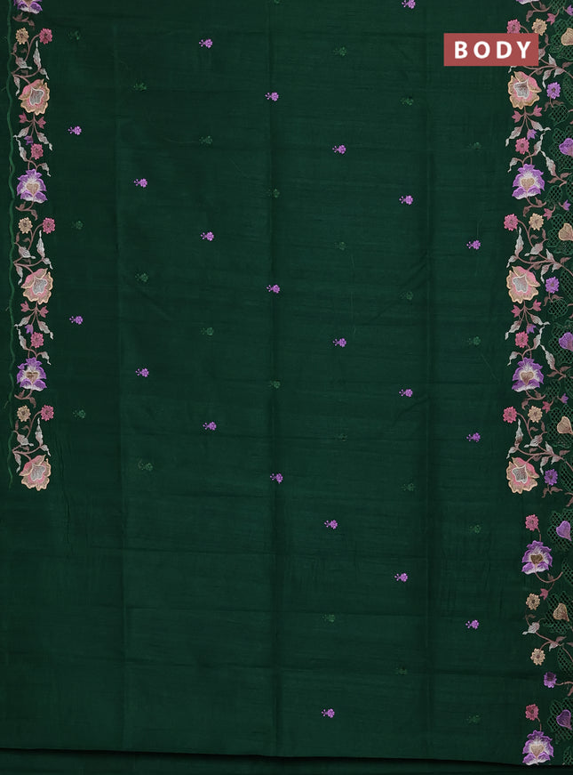 Semi raw silk saree bottle green with embroidery buttas and floral embroidery border
