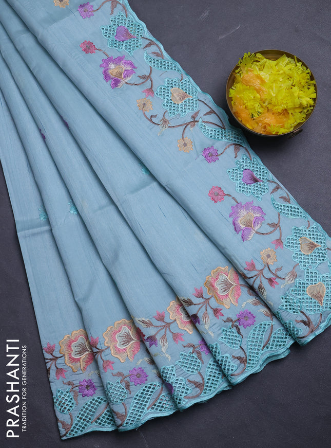 Semi raw silk saree pastel blue with embroidery buttas and floral embroidery border