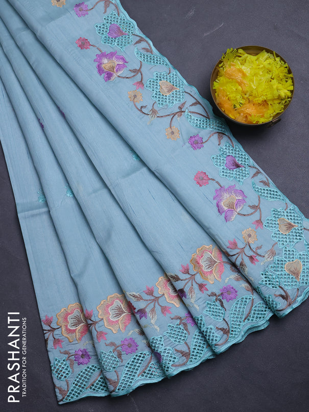 Semi raw silk saree pastel blue with embroidery buttas and floral embroidery border