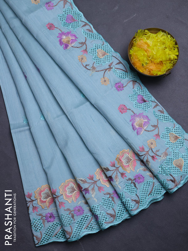 Semi raw silk saree pastel blue with embroidery buttas and floral embroidery border