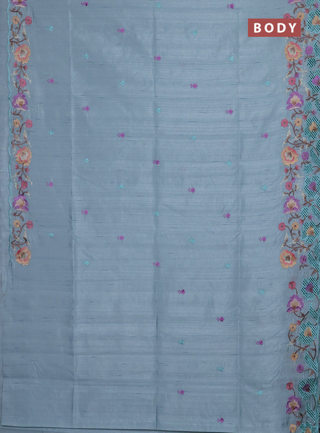 Semi raw silk saree pastel blue with embroidery buttas and floral embroidery border