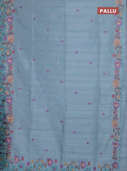 Semi raw silk saree pastel blue with embroidery buttas and floral embroidery border