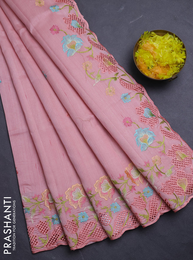 Semi raw silk saree peach shade with embroidery buttas and floral embroidery border