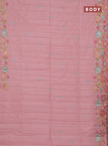 Semi raw silk saree peach shade with embroidery buttas and floral embroidery border