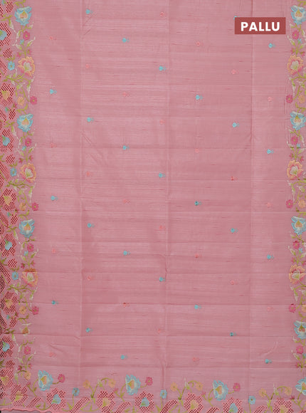 Semi raw silk saree peach shade with embroidery buttas and floral embroidery border