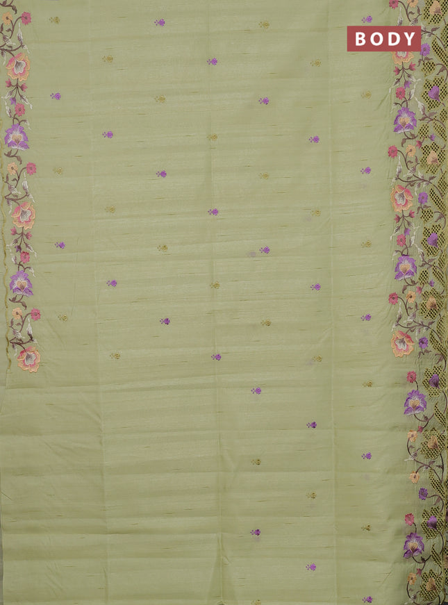 Semi raw silk saree pista green with embroidery buttas and floral embroidery border