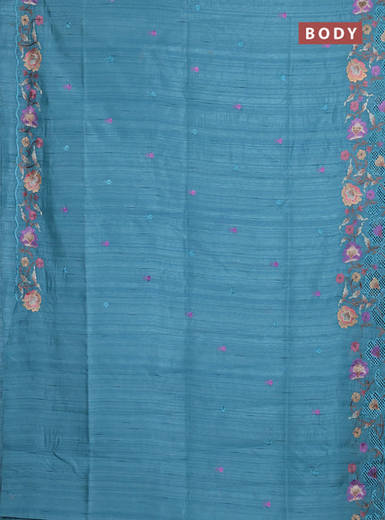 Semi raw silk saree teal blue with embroidery buttas and floral embroidery border
