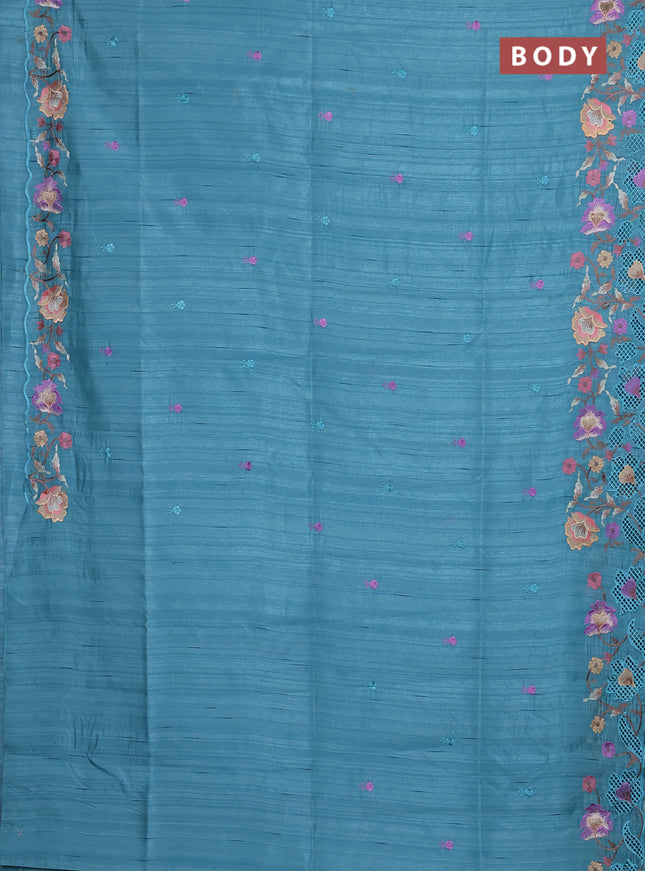 Semi raw silk saree teal blue with embroidery buttas and floral embroidery border