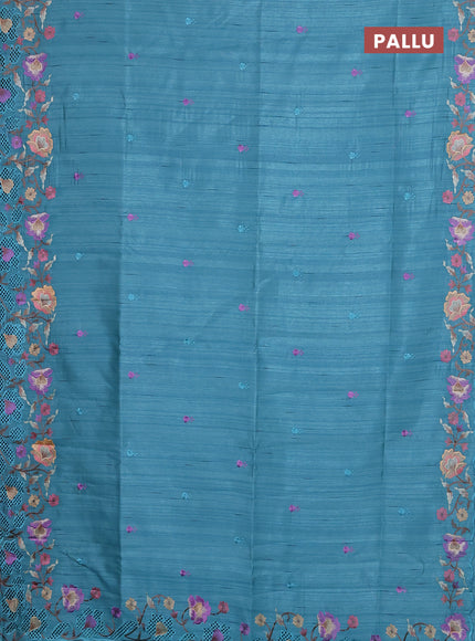 Semi raw silk saree teal blue with embroidery buttas and floral embroidery border