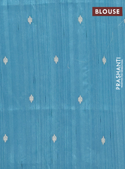 Semi raw silk saree teal blue with embroidery buttas and floral embroidery border