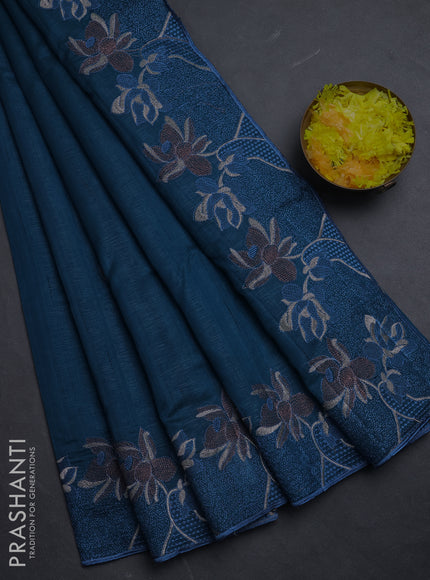 Semi raw silk saree peacock blue with embroidery buttas and floral embroidery border