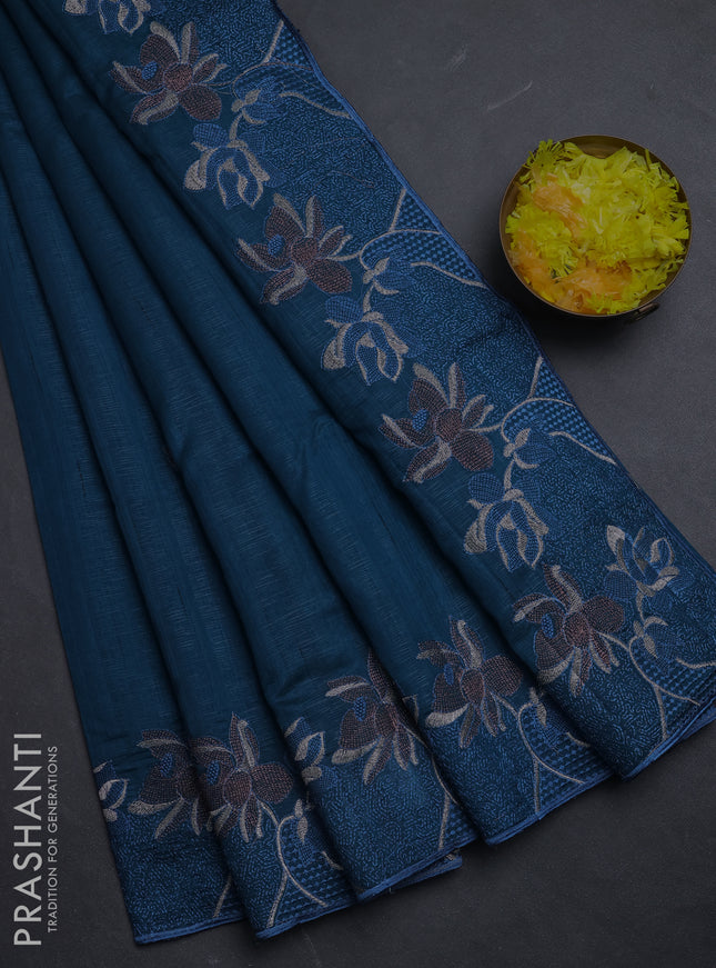 Semi raw silk saree peacock blue with embroidery buttas and floral embroidery border