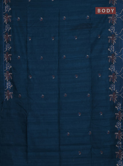 Semi raw silk saree peacock blue with embroidery buttas and floral embroidery border