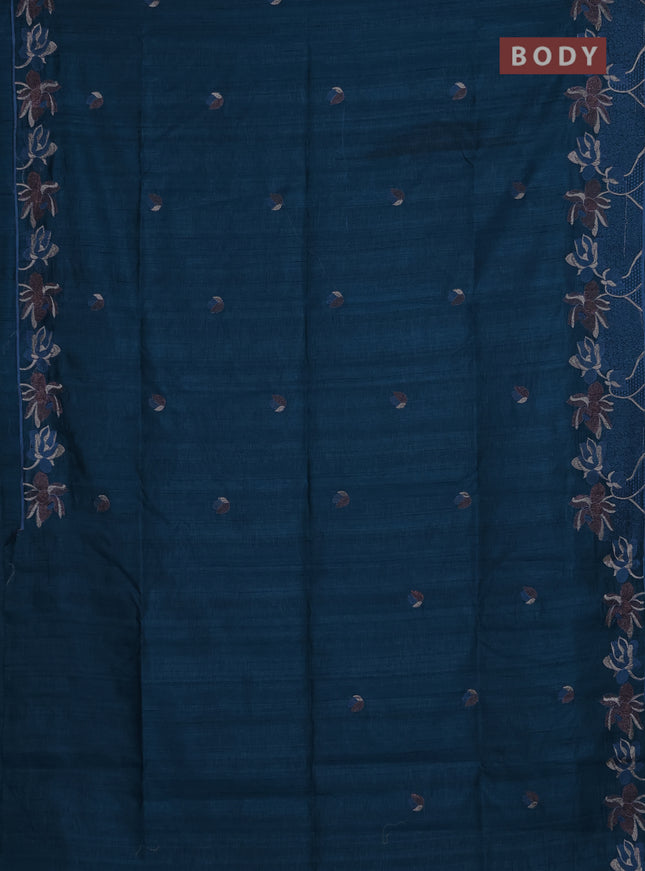 Semi raw silk saree peacock blue with embroidery buttas and floral embroidery border