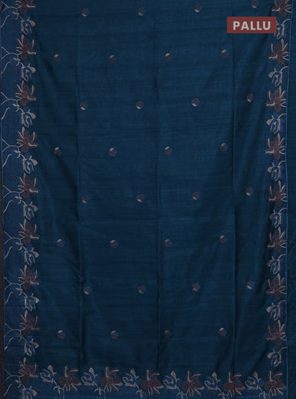 Semi raw silk saree peacock blue with embroidery buttas and floral embroidery border