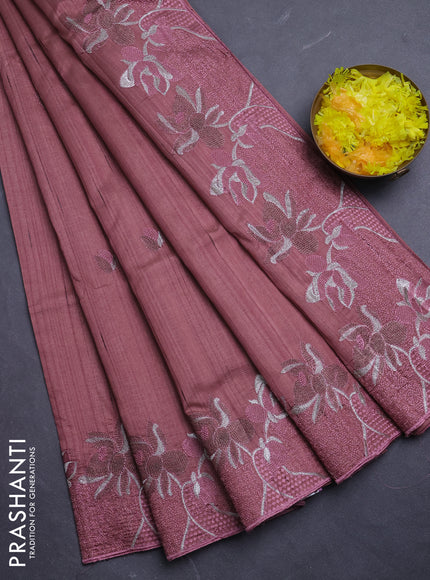 Semi raw silk saree dark peach with embroidery buttas and floral embroidery border
