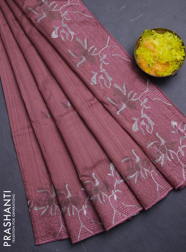 Semi raw silk saree dark peach with embroidery buttas and floral embroidery border