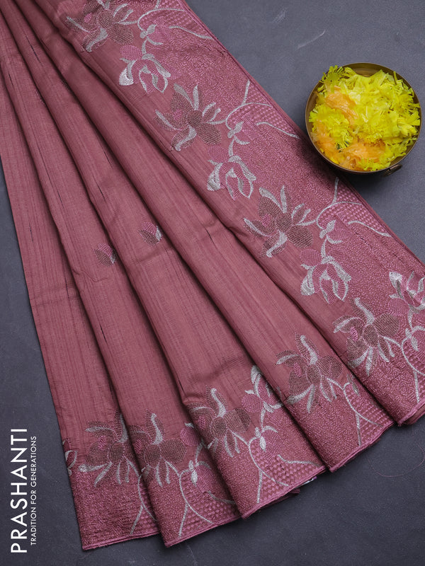 Semi raw silk saree dark peach with embroidery buttas and floral embroidery border