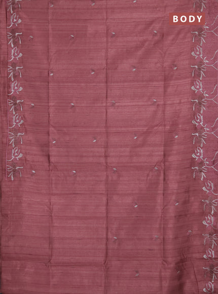 Semi raw silk saree dark peach with embroidery buttas and floral embroidery border