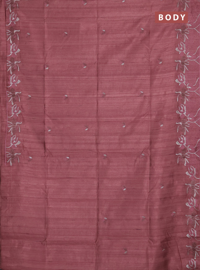 Semi raw silk saree dark peach with embroidery buttas and floral embroidery border