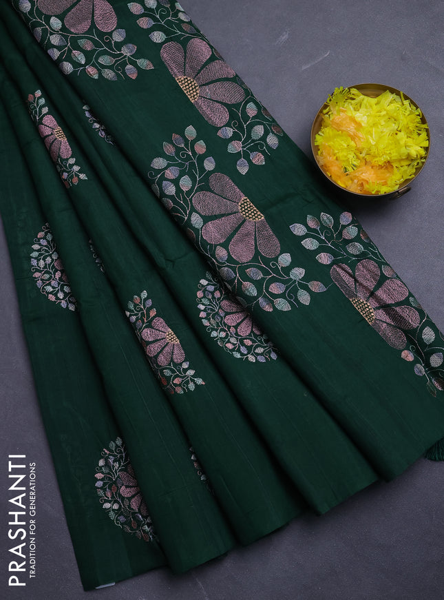 Semi raw silk saree bottle green with embroidery buttas in borderless style
