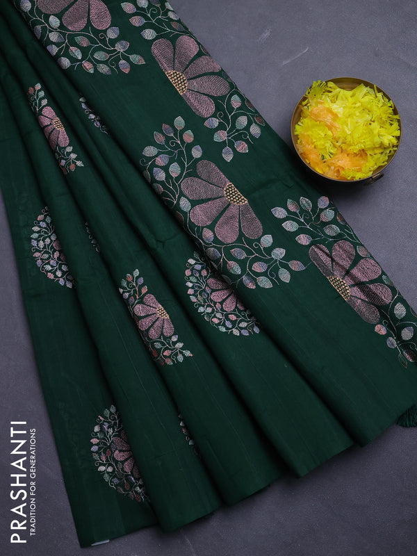 Semi raw silk saree bottle green with embroidery buttas in borderless style