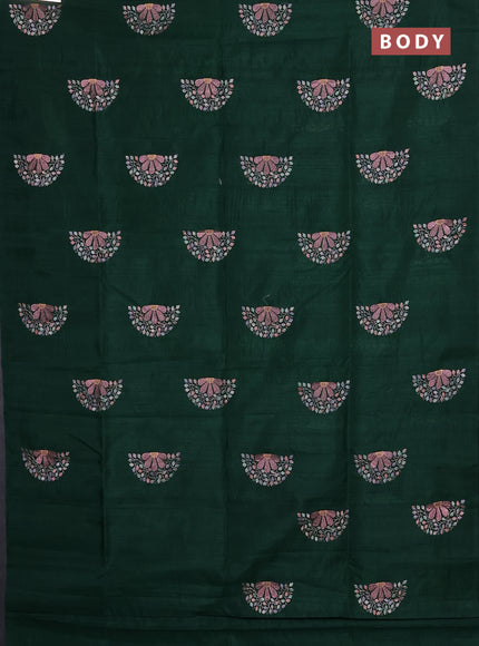 Semi raw silk saree bottle green with embroidery buttas in borderless style