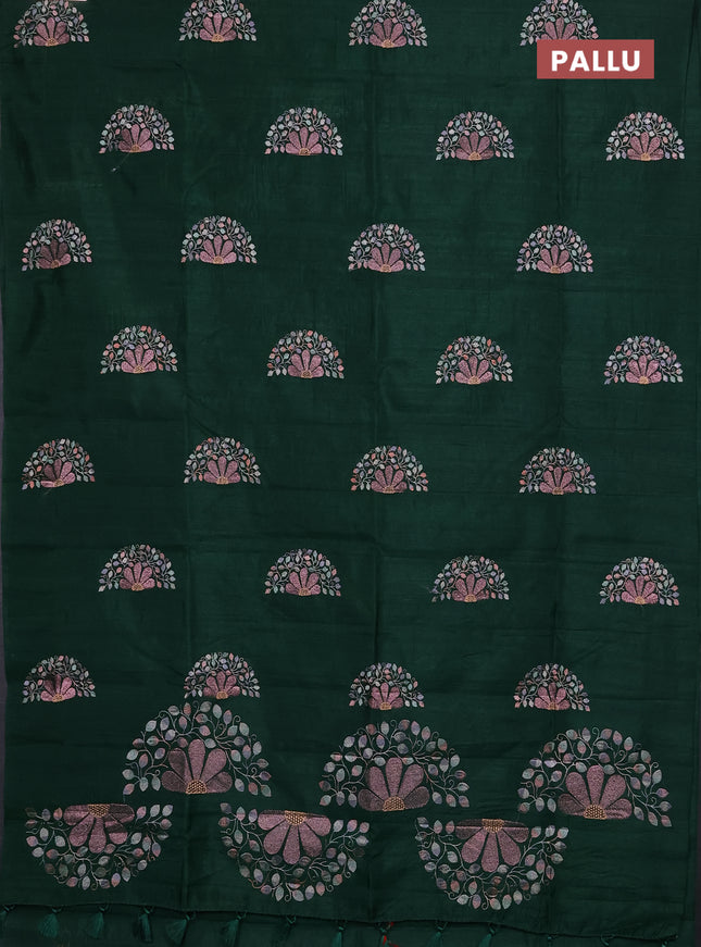 Semi raw silk saree bottle green with embroidery buttas in borderless style