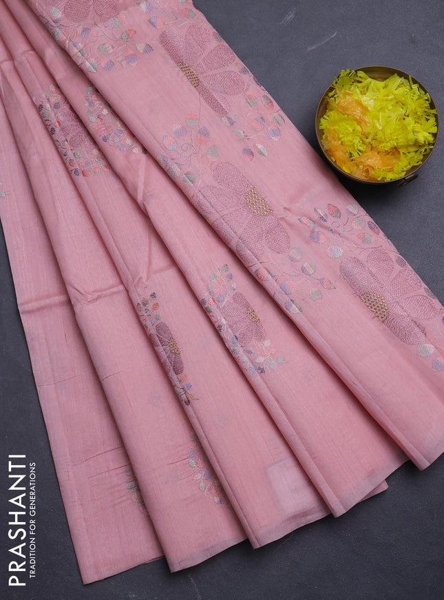Semi raw silk saree pastel pink with embroidery buttas in borderless style