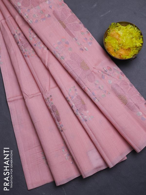 Semi raw silk saree pastel pink with embroidery buttas in borderless style