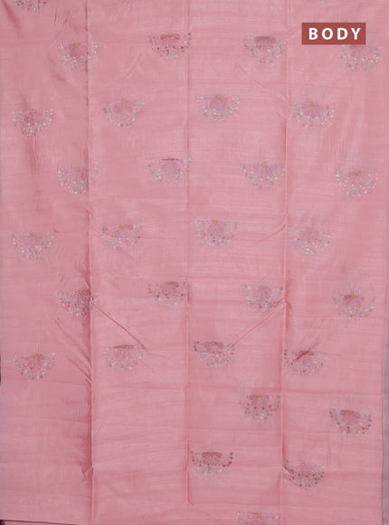Semi raw silk saree pastel pink with embroidery buttas in borderless style