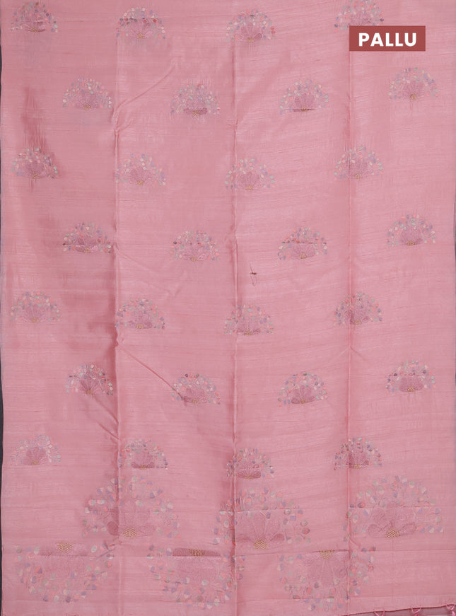 Semi raw silk saree pastel pink with embroidery buttas in borderless style