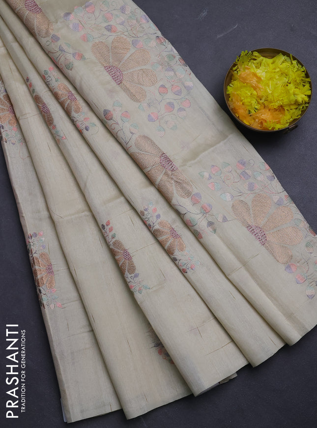 Semi raw silk saree beige with embroidery buttas in borderless style