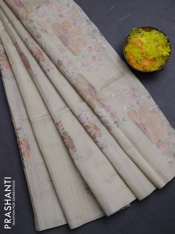 Semi raw silk saree beige with embroidery buttas in borderless style