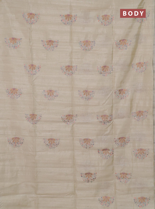 Semi raw silk saree beige with embroidery buttas in borderless style