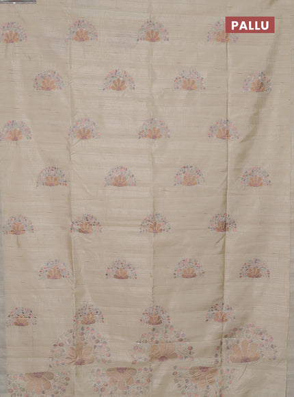 Semi raw silk saree beige with embroidery buttas in borderless style