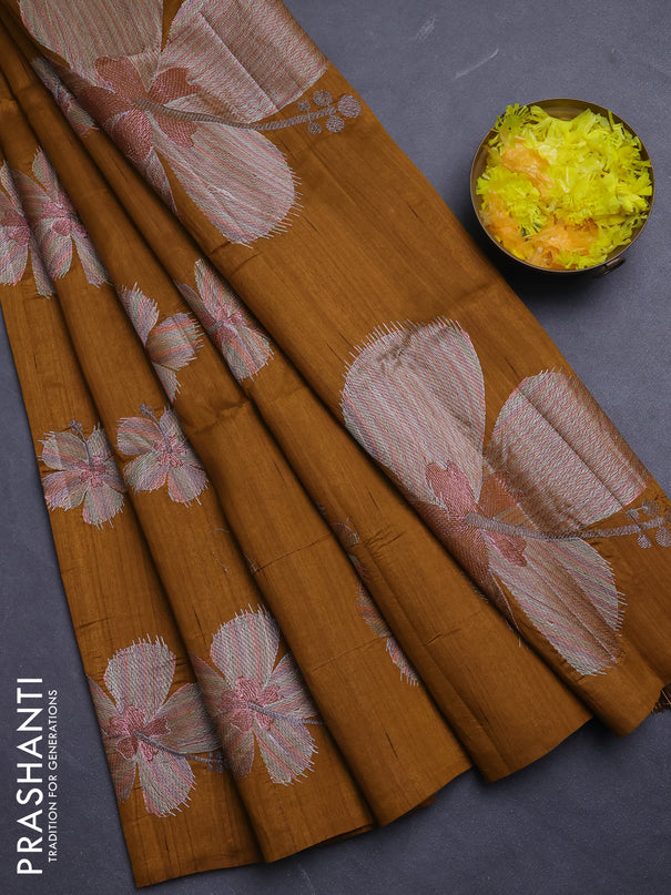 Semi raw silk saree dark mustard with embroidery buttas in borderless style