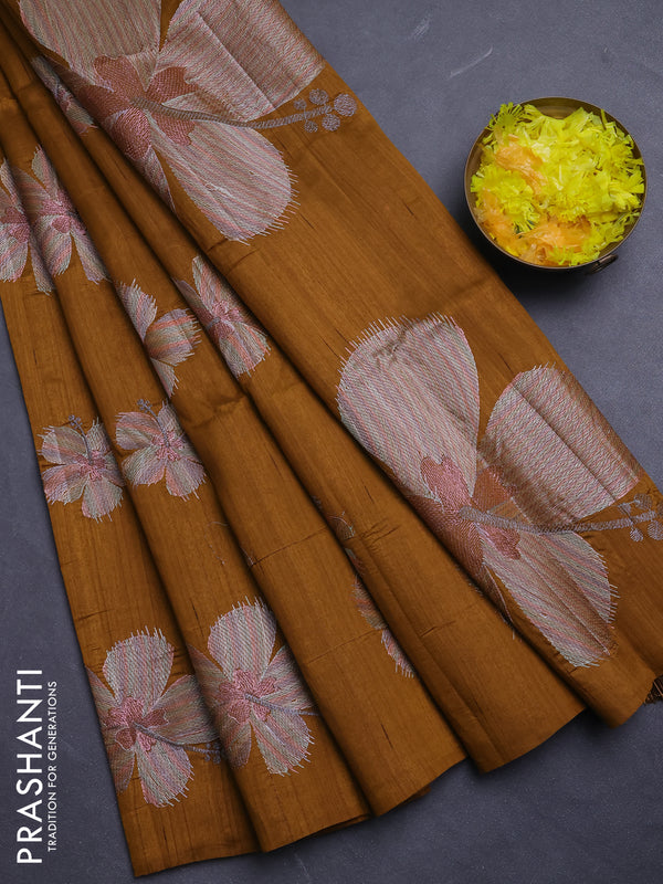Semi raw silk saree dark mustard with embroidery buttas in borderless style