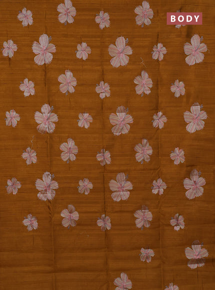 Semi raw silk saree dark mustard with embroidery buttas in borderless style