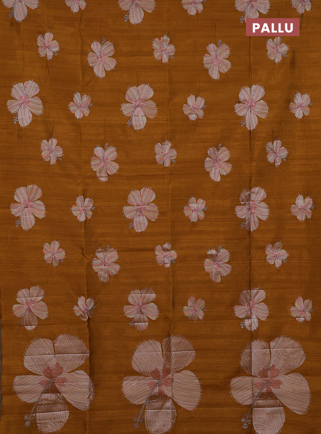 Semi raw silk saree dark mustard with embroidery buttas in borderless style