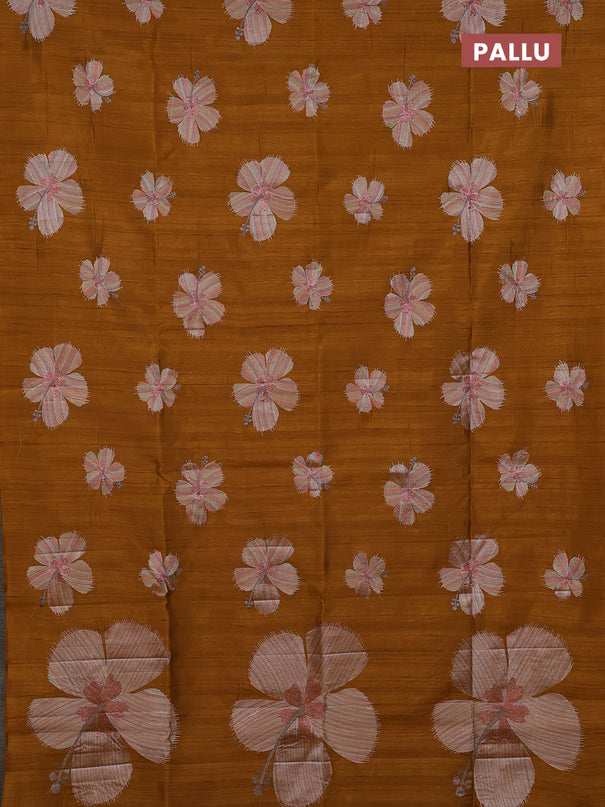 Semi raw silk saree dark mustard with embroidery buttas in borderless style